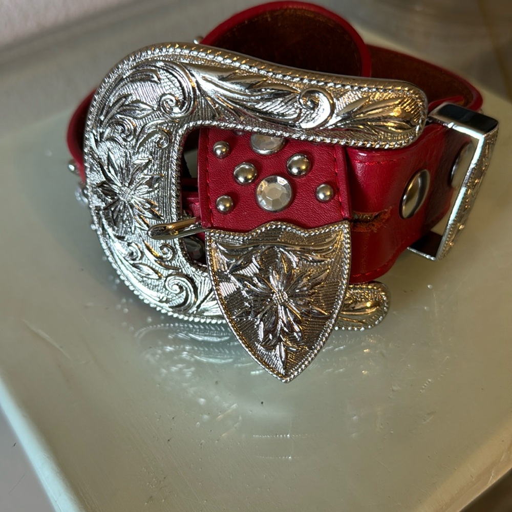 Red leather rhinestone belt size 32